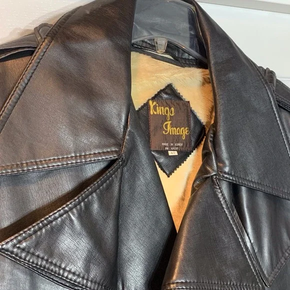 EUC Kings Image Faux Leather‎ Fleece Lined Double Breasted Trenchcoat Size 42